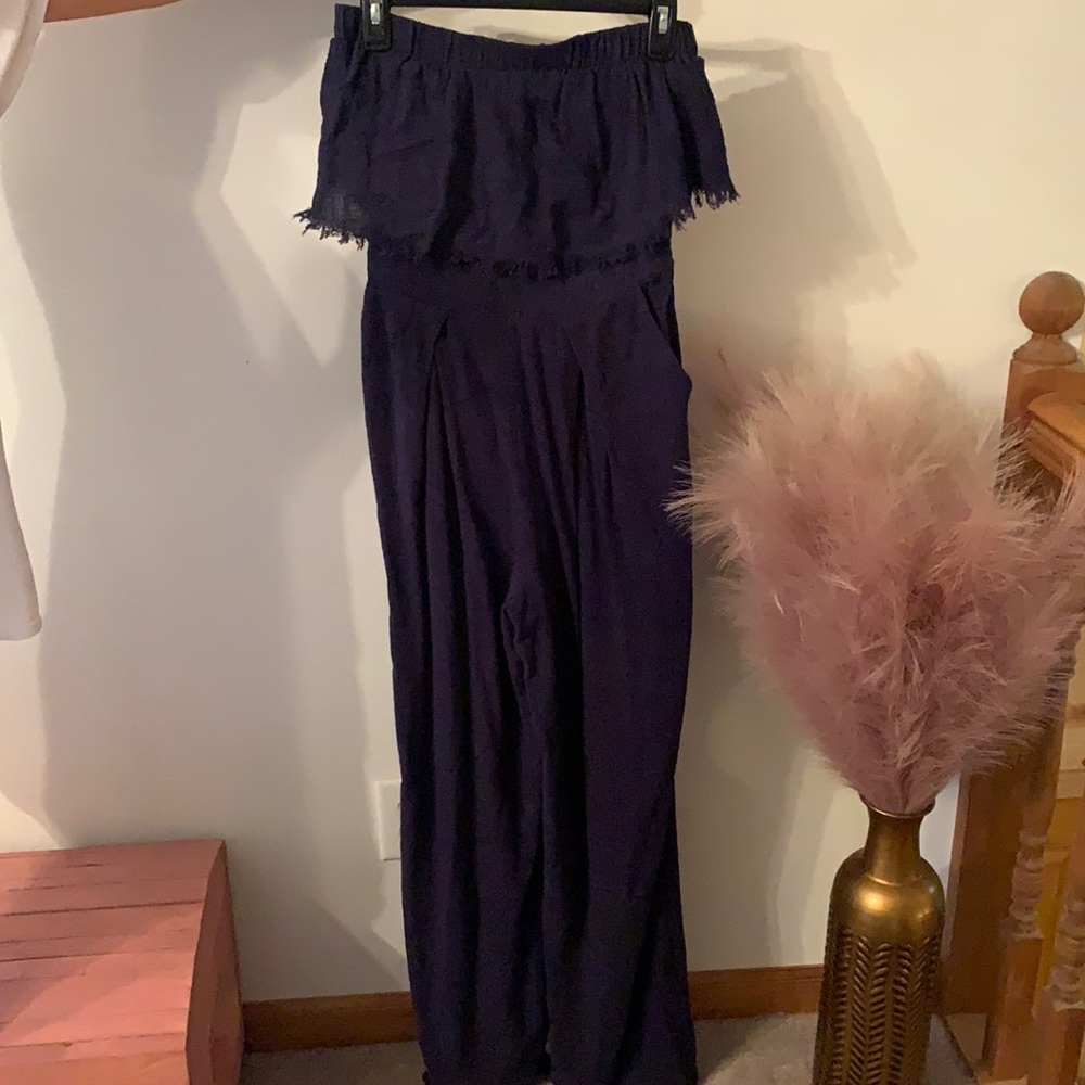 Navy blue linen strapless jumpsuit